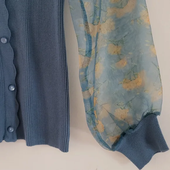 SIONI blu knit with Sheer floral Long Sleeves Sweater Top Cornflower blue Size S - Picture 12 of 16